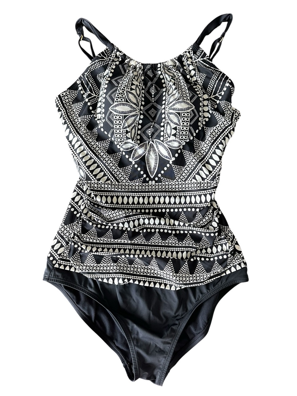 Jantzen Dalia's Garden High-Neck Swimsuit Black & White Mosaic Print Size 10